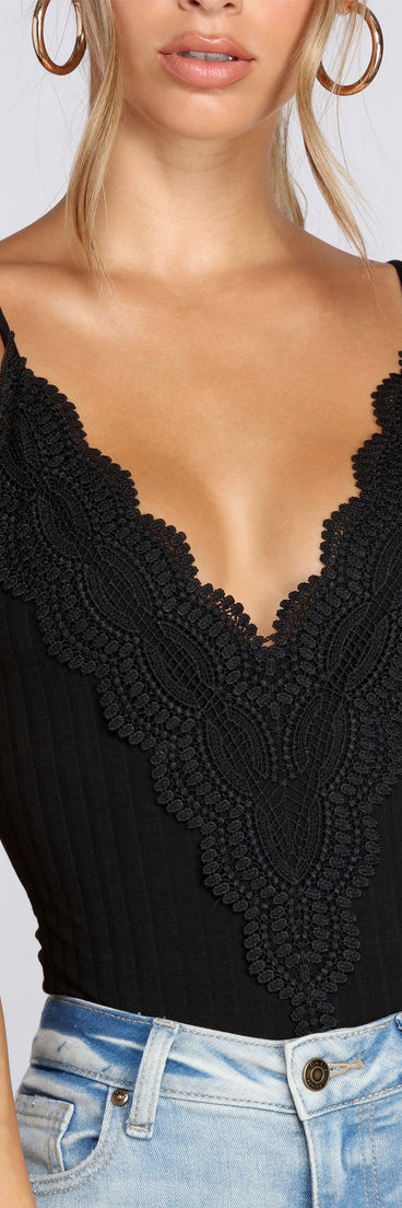 With fun and flirty details, Casual Crochet Ribbed Bodysuit shows off your unique style for a trendy outfit for the summer season!