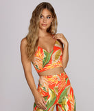 With fun and flirty details, To Paradise Printed Crop Top shows off your unique style for a trendy outfit for the summer season!