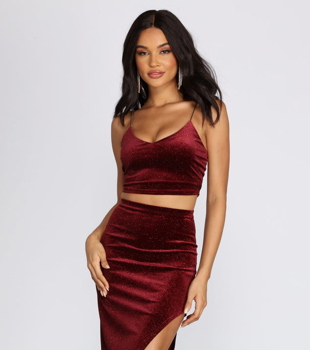You’ll look stunning in the Irresistible Velvet Shimmer Crop Top when paired with its matching separate to create a glam clothing set perfect for a New Year’s Eve Party Outfit or Holiday Outfit for any event!