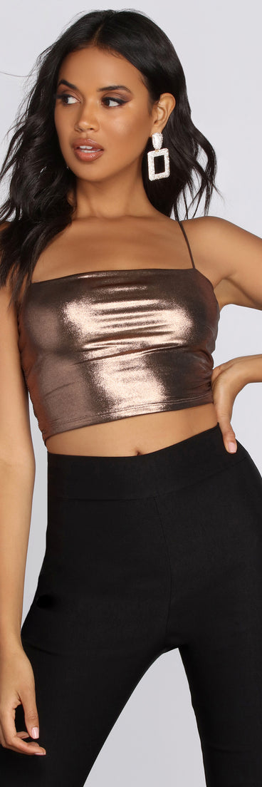 With fun and flirty details, Mega Babe Metallic Crop Top shows off your unique style for a trendy outfit for the summer season!