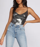 With fun and flirty details, Metallic Cowl Spaghetti Strap Top shows off your unique style for a trendy outfit for the summer season!