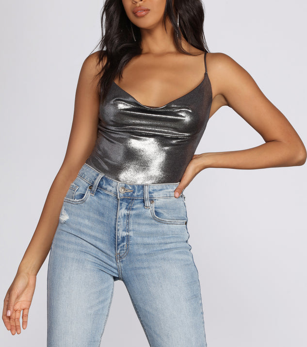With fun and flirty details, Metallic Cowl Spaghetti Strap Top shows off your unique style for a trendy outfit for the summer season!