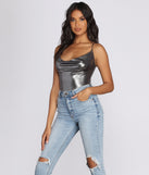 With fun and flirty details, Metallic Cowl Spaghetti Strap Top shows off your unique style for a trendy outfit for the summer season!