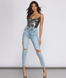 With fun and flirty details, Metallic Cowl Spaghetti Strap Top shows off your unique style for a trendy outfit for the summer season!