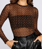 With fun and flirty details, Grecian Print Mesh Bodysuit shows off your unique style for a trendy outfit for the summer season!