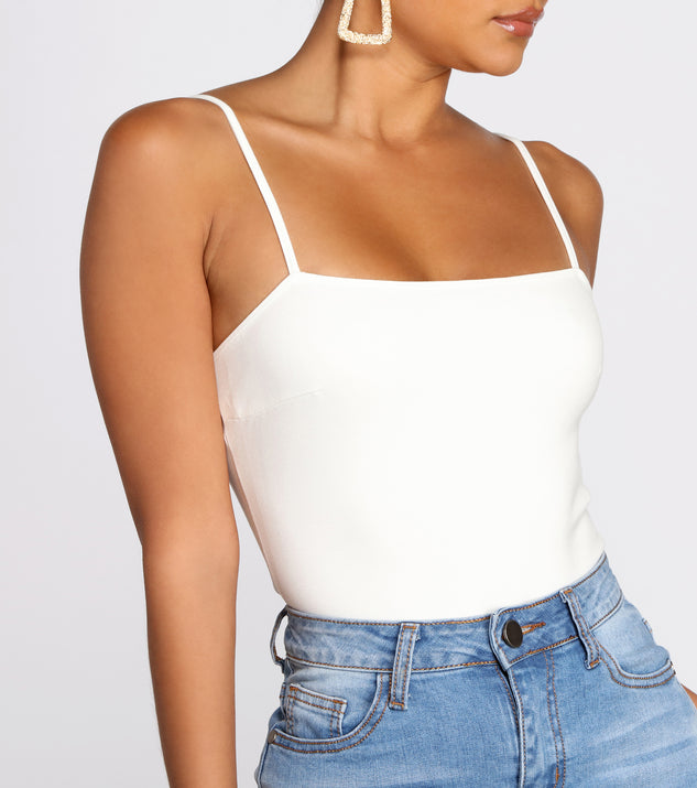 Front Close Up of Essential Cami White Bodysuit