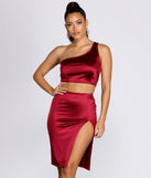 You’ll look stunning in the Sultry Satin One Shoulder Top when paired with its matching separate to create a glam clothing set perfect for a New Year’s Eve Party Outfit or Holiday Outfit for any event!