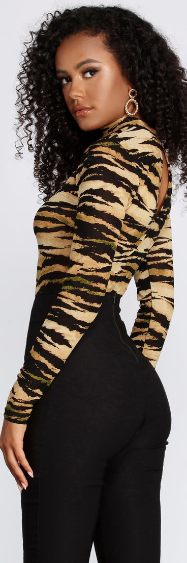 Tiger Heat Mesh Bodysuit for 2022 festival outfits, festival dress, outfits for raves, concert outfits, and/or club outfits