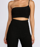 You’ll look stunning in the Shimmer One Shoulder Crop Top when paired with its matching separate to create a glam clothing set perfect for a New Year’s Eve Party Outfit or Holiday Outfit for any event!