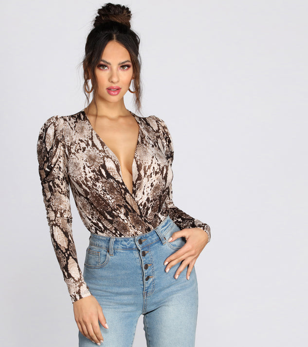 With fun and flirty details, Puff Sleeve Snake Print Bodysuit shows off your unique style for a trendy outfit for the summer season!
