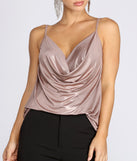 Drape And Shimmer Cowl Neck Tank Top for 2022 festival outfits, festival dress, outfits for raves, concert outfits, and/or club outfits