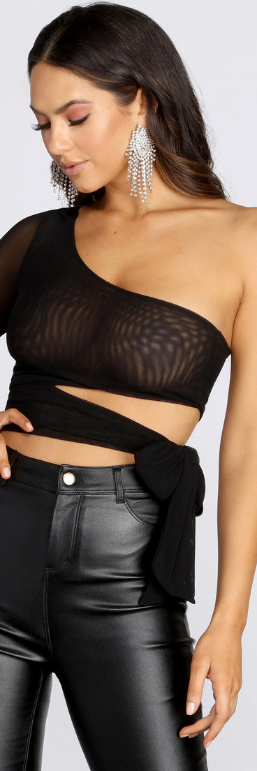Get My Good Side Mesh One Shoulder Crop Top for 2022 festival outfits, festival dress, outfits for raves, concert outfits, and/or club outfits