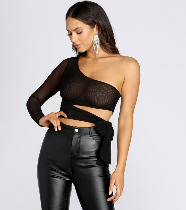 Get My Good Side Mesh One Shoulder Crop Top for 2022 festival outfits, festival dress, outfits for raves, concert outfits, and/or club outfits