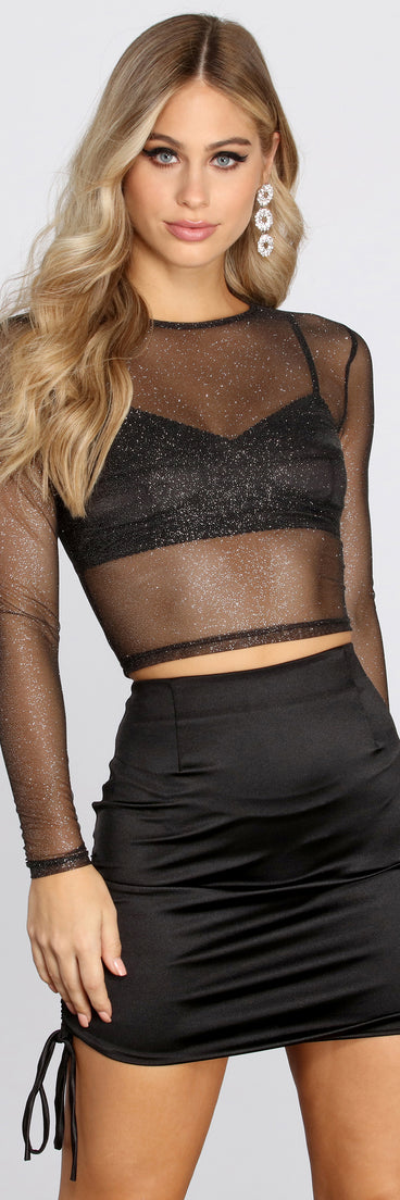 Dress up in Total Glitter Girl Crop Top as your going-out dress for holiday parties, an outfit for NYE, party dress for a girls’ night out, or a going-out outfit for any seasonal event!