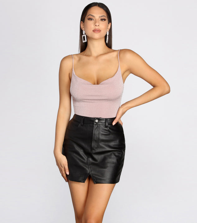 Sultry Slinky Cowl Neck Bodysuit for 2022 festival outfits, festival dress, outfits for raves, concert outfits, and/or club outfits