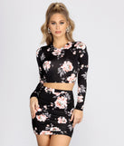 You’ll look stunning in the Strike A Rose Floral Crop Top when paired with its matching separate to create a glam clothing set perfect for a New Year’s Eve Party Outfit or Holiday Outfit for any event!