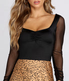 Ruched Sleeve Mesh Bodysuit for 2022 festival outfits, festival dress, outfits for raves, concert outfits, and/or club outfits
