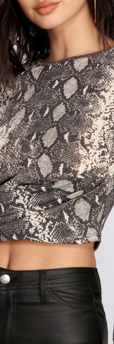 Twist Front Snake Print Crop Top for 2022 festival outfits, festival dress, outfits for raves, concert outfits, and/or club outfits