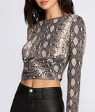 Twist Front Snake Print Crop Top for 2022 festival outfits, festival dress, outfits for raves, concert outfits, and/or club outfits