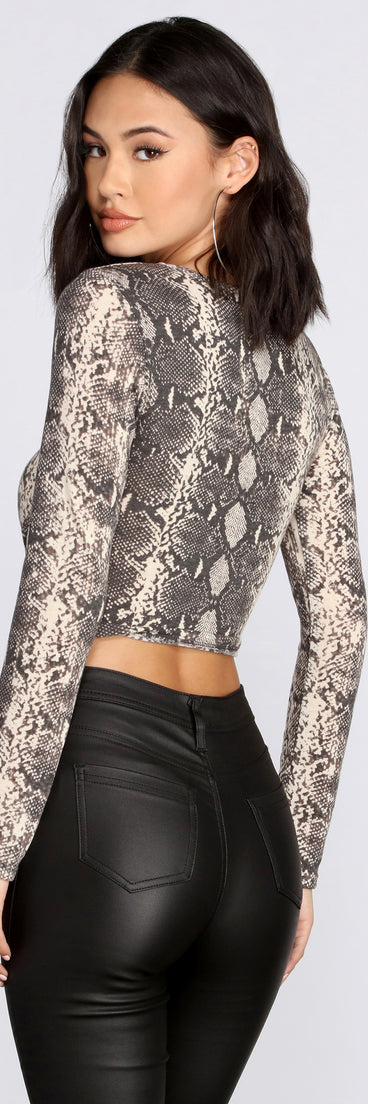 Twist Front Snake Print Crop Top for 2022 festival outfits, festival dress, outfits for raves, concert outfits, and/or club outfits