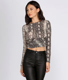 Twist Front Snake Print Crop Top for 2022 festival outfits, festival dress, outfits for raves, concert outfits, and/or club outfits