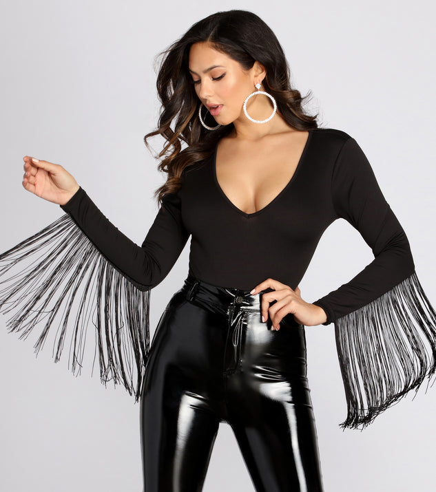 Stevie Fringe Long Sleeve Bodysuit is a trendy pick to create 2023 festival outfits, festival dresses, outfits for concerts or raves, and complete your best party outfits!