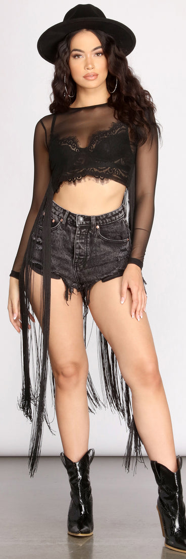 Forever Fringe Mesh Crop Top is a trendy pick to create 2023 festival outfits, festival dresses, outfits for concerts or raves, and complete your best party outfits!