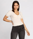 With fun and flirty details, Puff Sleeve V Neck Ribbed Top shows off your unique style for a trendy outfit for the summer season!