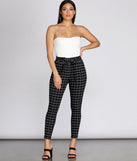 Brushed Knit Basic White Bodysuit Outfit styled with High Waist Plaid Pants and Black Heels