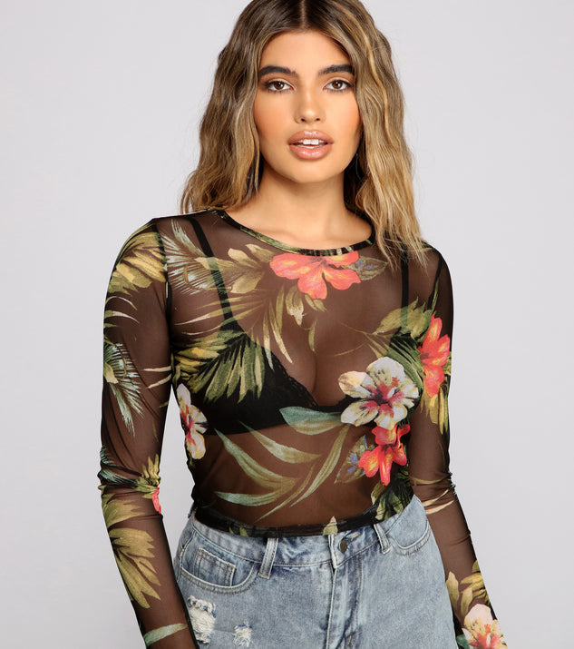 The trendy Tropical Long Sleeve Mesh Crop Top is the perfect pick to create a holiday outfit, new years attire, cocktail outfit, or party look for any seasonal event!