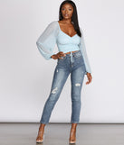 With fun and flirty details, Float On Balloon Sleeve Mesh Crop Top shows off your unique style for a trendy outfit for the summer season!