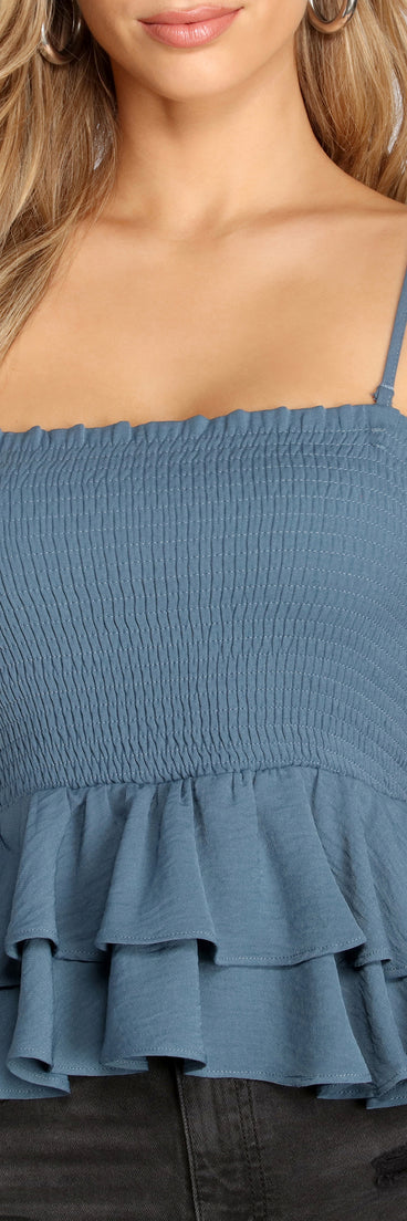 With fun and flirty details, Smocked Over You Ruffled Top shows off your unique style for a trendy outfit for the summer season!