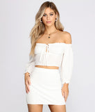 Love Affair Textured Off Shoulder Crop Top is a trendy pick to create 2023 festival outfits, festival dresses, outfits for concerts or raves, and complete your best party outfits!