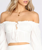 Love Affair Textured Off Shoulder Crop Top is a trendy pick to create 2023 festival outfits, festival dresses, outfits for concerts or raves, and complete your best party outfits!