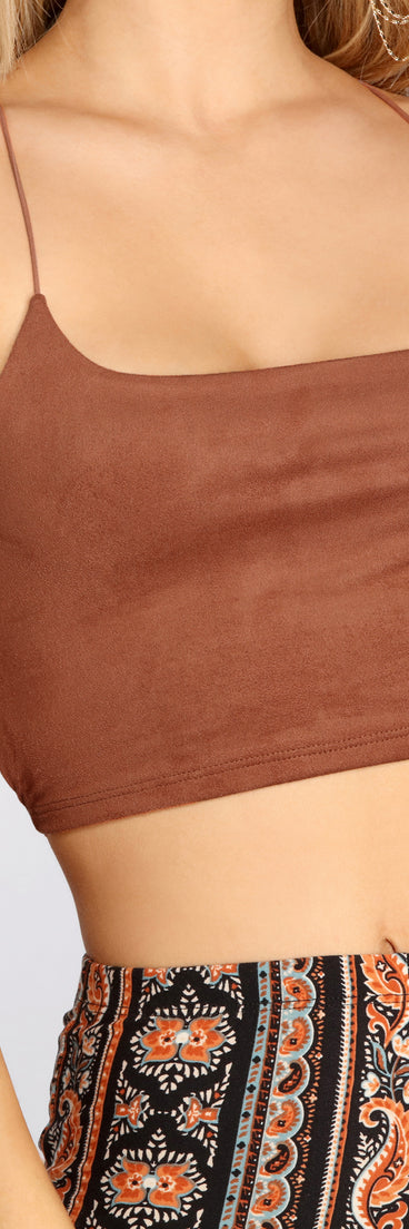 Sexy Strappy Back Rust Faux Suede Crop Top Neckline