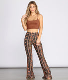 Sexy Strappy Back Rust Faux Suede Crop Top Outfit styled with Boho Flared Pants