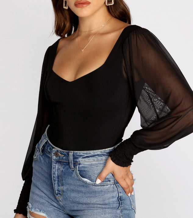 Dress up in Truly Adored Sheer Sleeve Bodysuit as your going-out dress for holiday parties, an outfit for NYE, party dress for a girls’ night out, or a going-out outfit for any seasonal event!