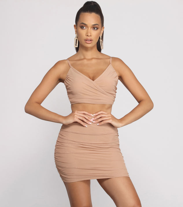 Dress up in She's Got It Ruched Crop Top as your going-out dress for holiday parties, an outfit for NYE, party dress for a girls’ night out, or a going-out outfit for any seasonal event!