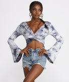 With fun and flirty details, Tie Dye Twist Front Bell Sleeve Crop Top shows off your unique style for a trendy outfit for the summer season!