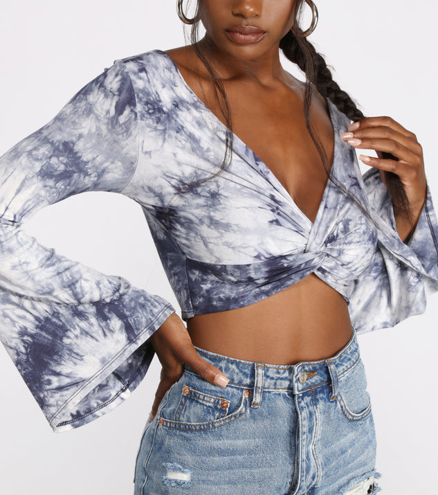 With fun and flirty details, Tie Dye Twist Front Bell Sleeve Crop Top shows off your unique style for a trendy outfit for the summer season!