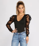 Dress up in Chic Flocked Sheer Sleeve Bodysuit as your going-out dress for holiday parties, an outfit for NYE, party dress for a girls’ night out, or a going-out outfit for any seasonal event!