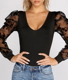 With fun and flirty details, Chic Flocked Sheer Sleeve Bodysuit shows off your unique style for a trendy outfit for the summer season!