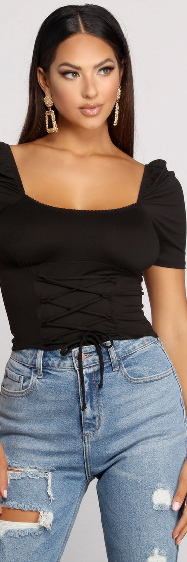 With fun and flirty details, Brushed Knit Corset Waist Top shows off your unique style for a trendy outfit for the summer season!