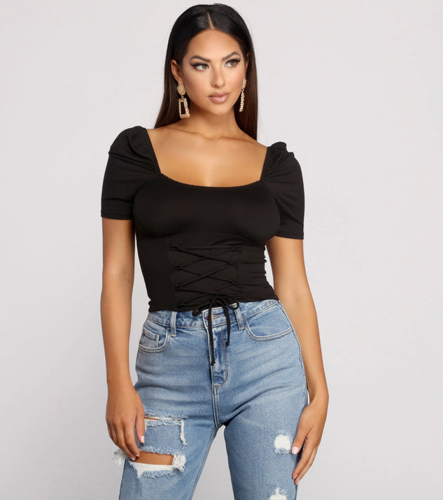 With fun and flirty details, Brushed Knit Corset Waist Top shows off your unique style for a trendy outfit for the summer season!