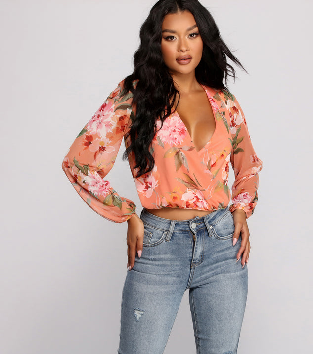 With fun and flirty details, Floral Rush Surplice Mesh Top shows off your unique style for a trendy outfit for the summer season!