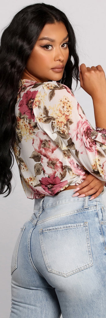 With fun and flirty details, Floral Rush Surplice Mesh Top shows off your unique style for a trendy outfit for the summer season!