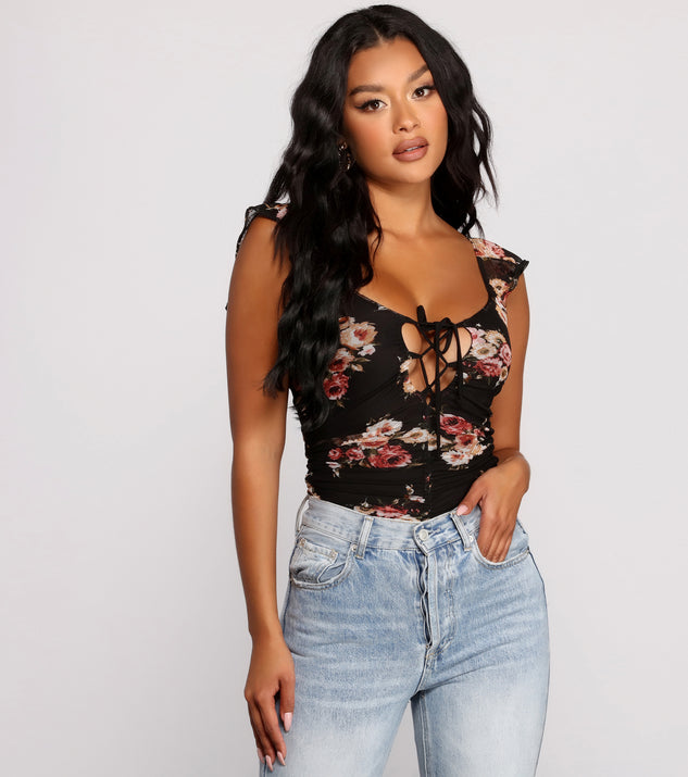 With fun and flirty details, Ruffled Floral Lace-Up Mesh Bodysuit shows off your unique style for a trendy outfit for the summer season!
