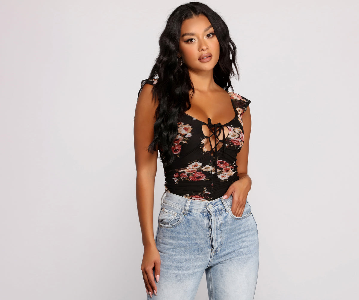 Ruffled Floral Lace-Up Mesh Bodysuit