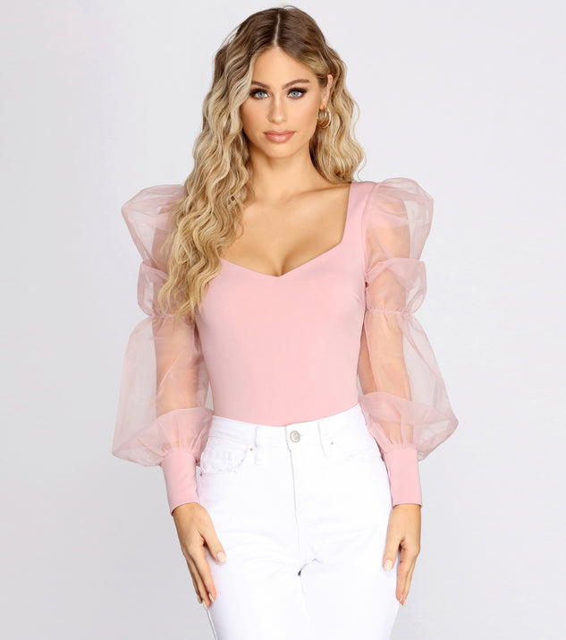 With fun and flirty details, Essential Organza Puff Sleeve Bodysuit shows off your unique style for a trendy outfit for the summer season!