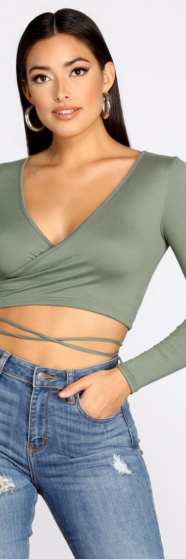 With fun and flirty details, Brushed Knit Wrap Front Crop Top shows off your unique style for a trendy outfit for the summer season!